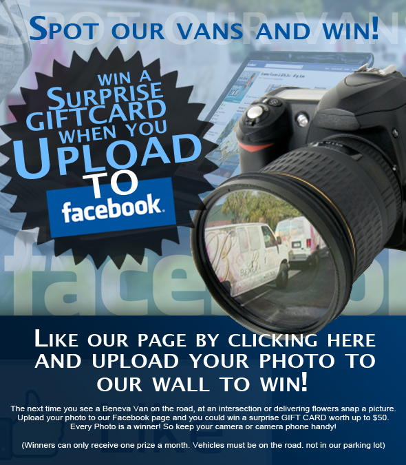 The next time you see a Beneva Van on the road, at an intersection or delivering flowers snap a picture. Upload your photo to our Facebook page and you could win a surprise GIFT CARD worth up to $50. Every Photo is a winner! So keep your camera or camera phone handy!