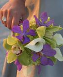 "Green Cymbidium Orchids, white Mini Calla Lilies and purple Vanda Orchids"