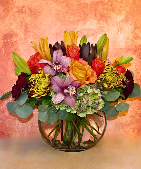 Fall flowers in a white spotted vase