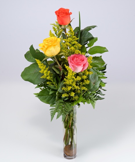 Rose bud vase filled with three colorful roses and greenery