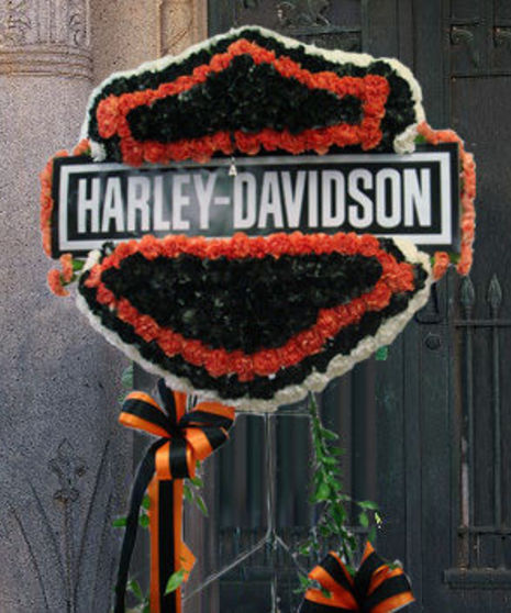 Harley Davidson funeral flower standing spray presented on an easel