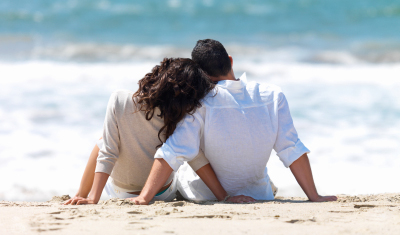 Rear view of a couple sitting on beach